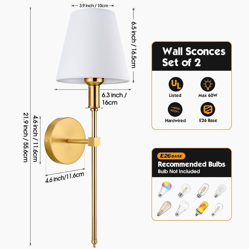 Wall Sconces Sets of 2, Bathroom Vanity Sconces Wall Lighting with White Fabric Shades, Retro Industrial Wall Lamps, Wall Lights Suitable for Bedroom Living Room Kitchen