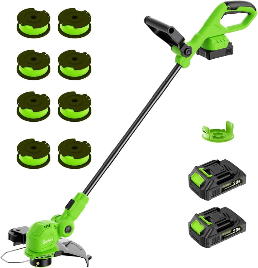 12-inch 20V Cordless String Trimmer with Charger, 2 X 2.0Ah Battery Powered Grass Mover with Auto Line Feed, 2 in 1 Lawn Edger with 8 Pcs Grass Cutter Spool Line and 2 Spool Cap, Green