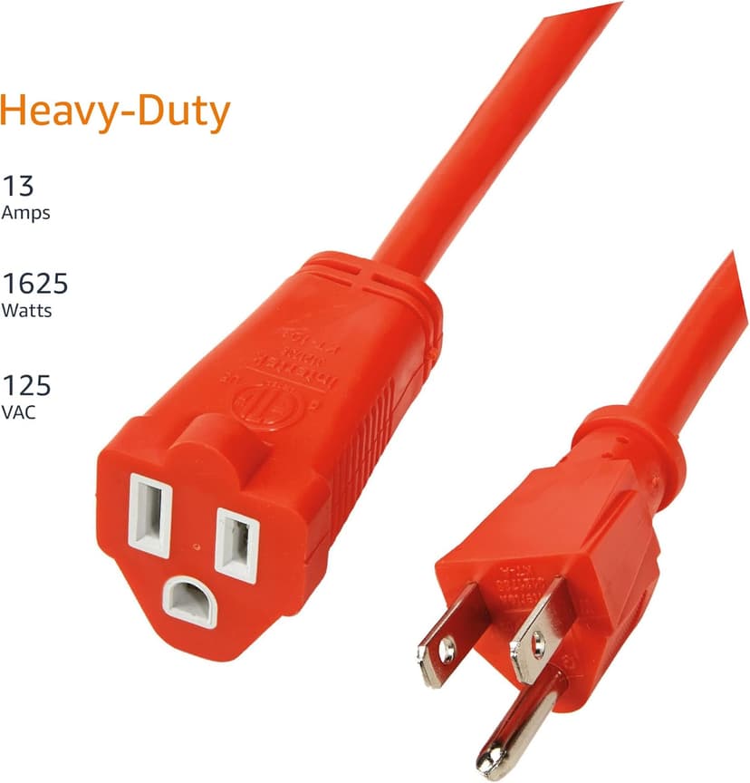 Amazon Basics 50 foot 3-Prong Vinyl Indoor/Outdoor Extension Cord - 13 Amps, 1625 Watts, 125 VAC, Orange
