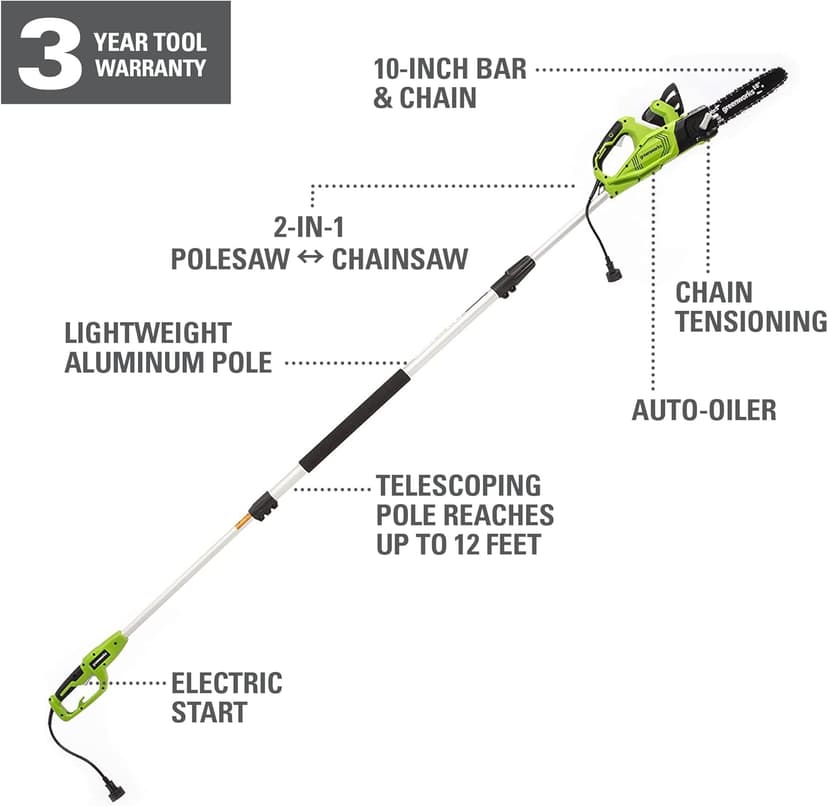 Greenworks 7 Amp (2-In-1) 10-inch Corded Electric Polesaw, PSCS06B01