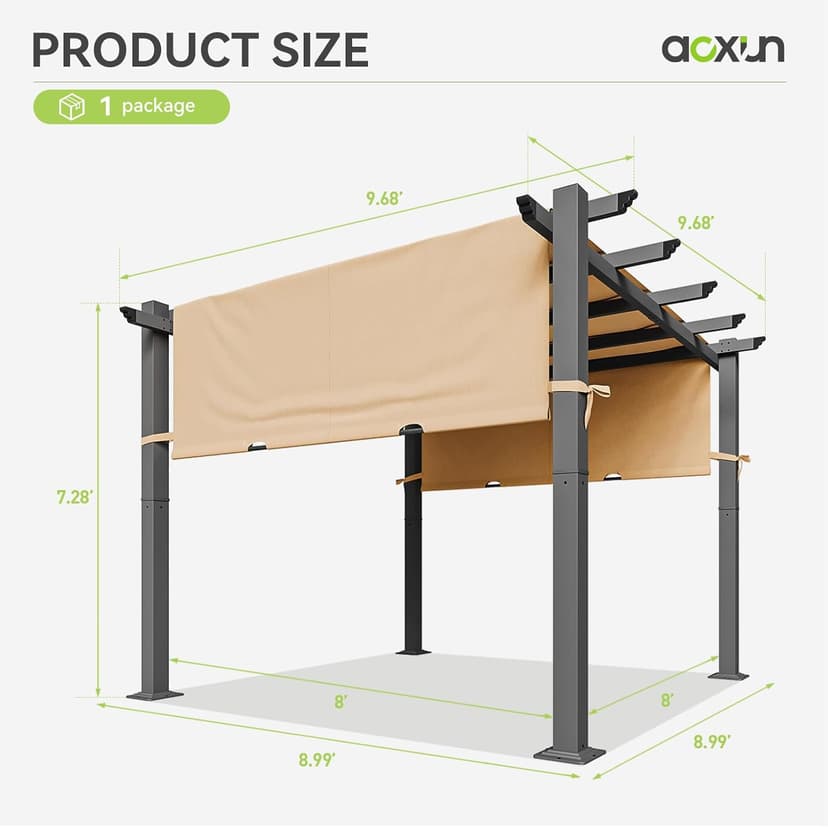 Aoxun 10'x10' Outdoor Pergola, Retractable Adjustable Roof, Aluminum Sun Shade Canopy, Modern Metal Patio Brown Shade Cover for Garden, Backyard and Deck