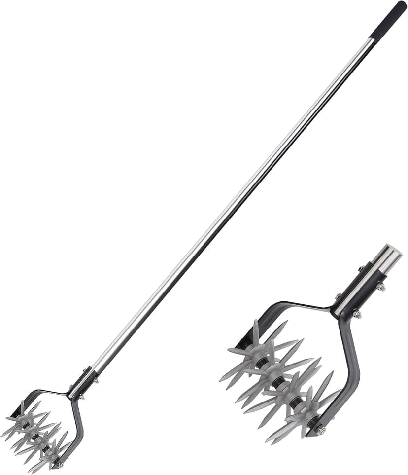 Rotary Garden Tool, Adjustable Hand Tiller, Long Handle Cultivator for Aerating, Weeding, Planting and Mixing Soil or Reseeding Grass