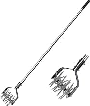 Rotary Garden Tool, Adjustable Hand Tiller, Long Handle Cultivator for Aerating, Weeding, Planting and Mixing Soil or Reseeding Grass