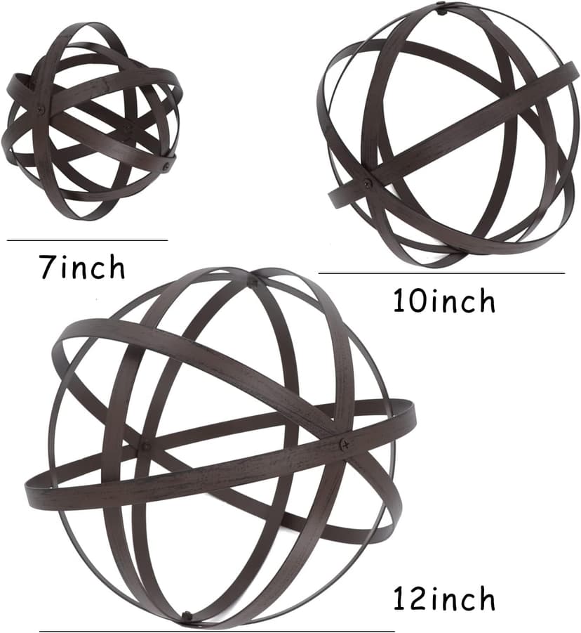 3 PCS Garden Spheres Balls Assorted Size Distressed Metal Band Decorative Sphere Folding Orbs Sculpture for Outdoor Indoor Decorations 7" 10" 12" Diameter (Rusty)