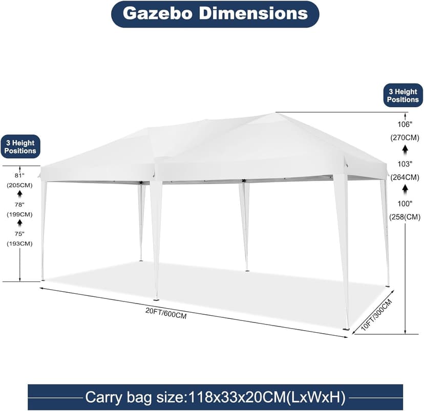 COBIZI Canopy 10x20 Pop Up Canopy Tent Party Tents for Parties Weddings Backyard Waterproof Canopy Outdoor Commercial Instant Canopy Event Tent with Stakes, Ropes,Sandbags, White