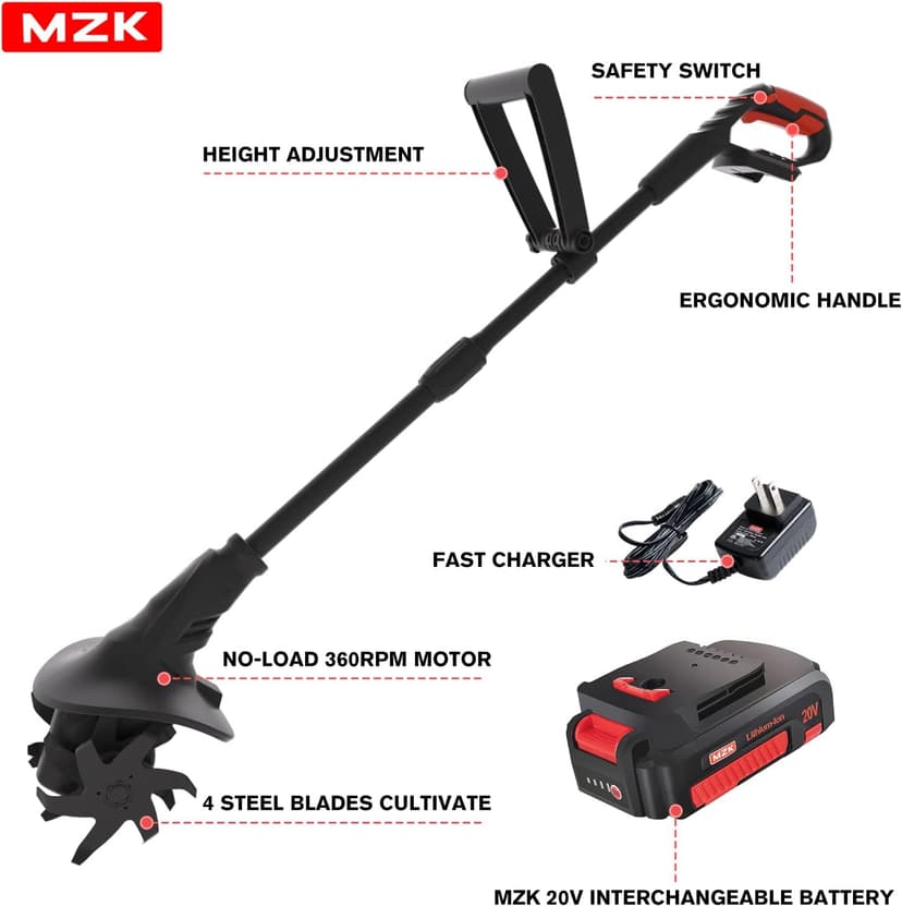 MZK 20V Cordless Tiller Cultivator with 24 Steel Tines,7.8-inch Wide Battery Powered Garden Cultivator, Mini Tiller for Gardening (2AH Battery and Charger Included)