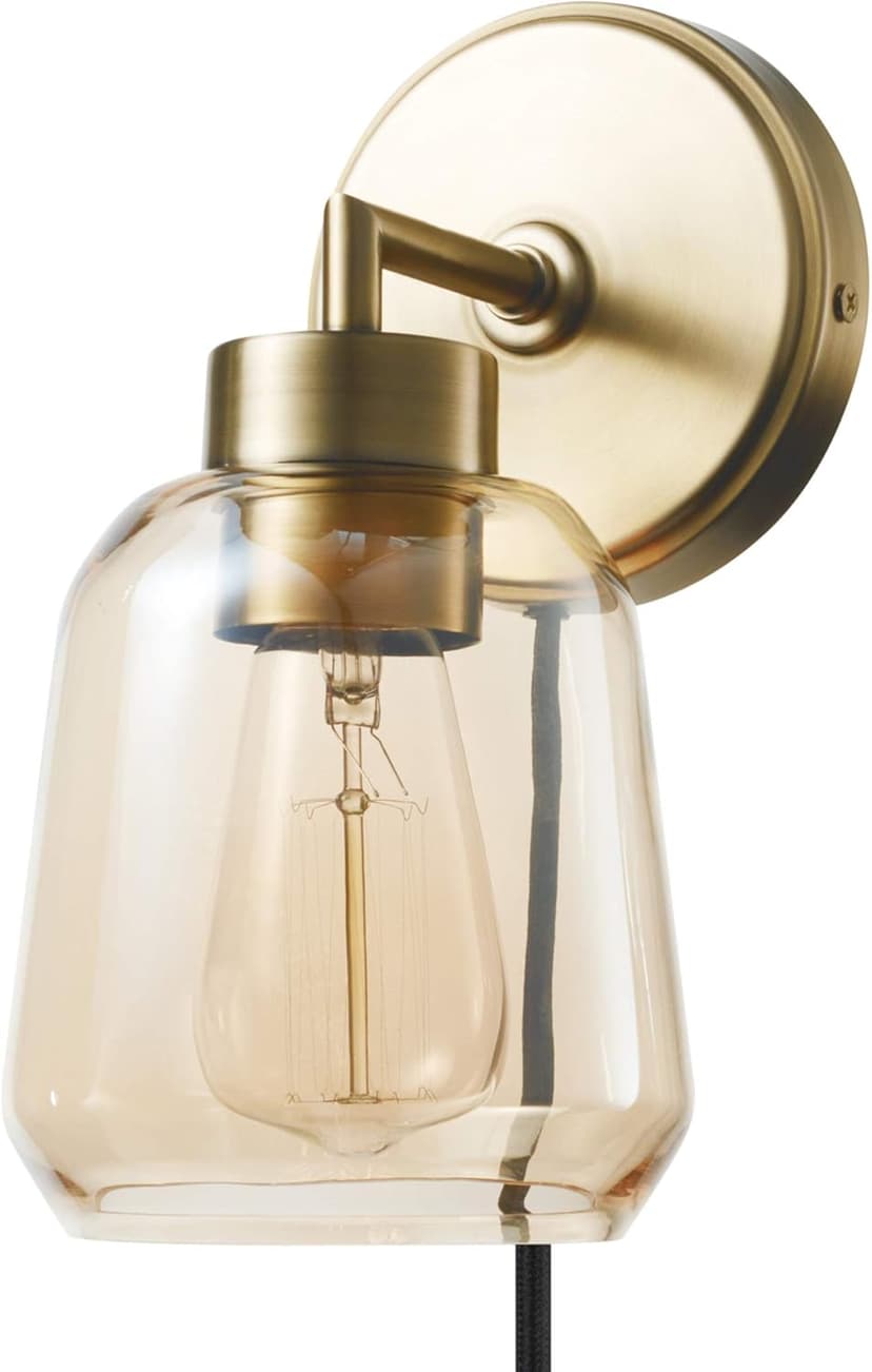 GLOBE Electric 51715 1-Light Plug-in or Hardwire Wall Sconce, Matte Brass, Smoked Amber Glass Shade, Black Fabric Cord, in-Line On/Off Switch, Bedroom, Living Room, Mounted Bedside Lamp