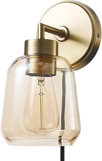 GLOBE Electric 51715 1-Light Plug-in or Hardwire Wall Sconce, Matte Brass, Smoked Amber Glass Shade, Black Fabric Cord, in-Line On/Off Switch, Bedroom, Living Room, Mounted Bedside Lamp