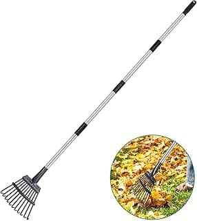 GreatBuddy Adjustable Leaf Rake, 8'' Wide Metal Rake, Perfect for Shrub, Flower Bed & Small Area, 29''- 72'' Expandable Stainless Steel Handle, Easy to Use