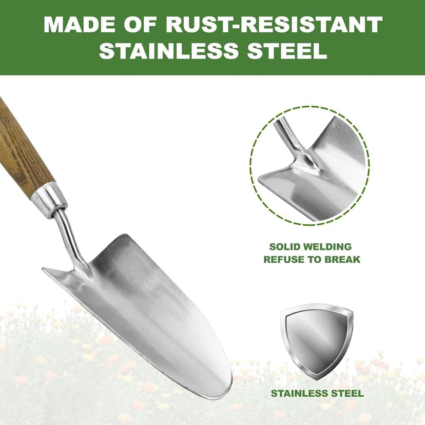 Garden Trowel, Bend-Proof Stainless Steel Hand Trowel, Comfortable Grip Wood Handle Trowel Garden Tool, Large Shovel Head Gardening Trowel for Transplanting Seedlings, Weeding, and Planting