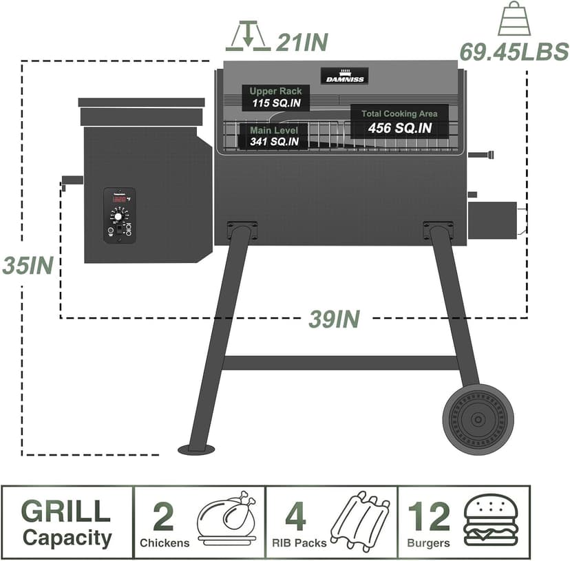 Grills DAPG-03 Electric Wood Pellet Smoker Grill, 456 SQ.IN Cook Area Pellet Grill with Auto Feed & PID Temperature Control (180-450°F), 8 in 1 BBQ Grill & Rain Cover for Backyard Outdoor