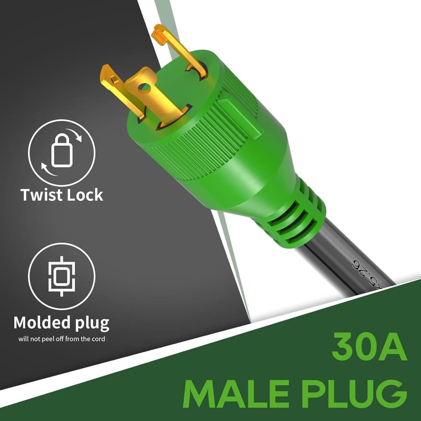 RVGUARD 3 Prong 30 Amp to 50 Amp RV Generator Adapter Cord 12 Inch, STW 10/3, L5-30P Locking Male Plug to 14-50R Female with LED Power Indicator, Green