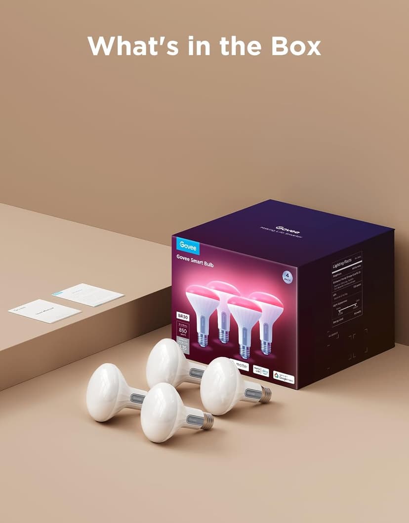 Govee BR30 Smart Light Bulbs, Works with Matter, Alexa and Google Assistant, LED Light Bulb, WiFi RGBWW Color Changing Flood Light Bulbs, Recessed Can Light Bulb, 2.4Ghz only, 850 Lumen, 4 Pack