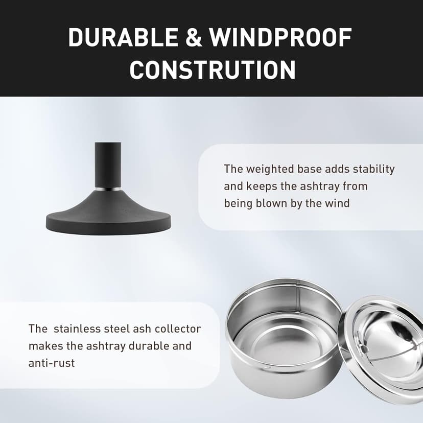 Standing Ashtray Outdoor for Patio, Large & Tall Outside Ash Tray for Cigarette Butt Receptacle Disposal, Commercial Metal Smokers Cigar Ashtrays Container with Lid, Matte Black, B01DK