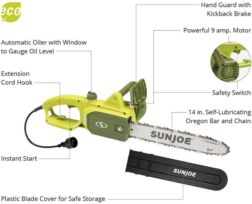 Sun Joe SWJ599E 14-inch 9-Amp Tree Limb Master Electric Handheld Chainsaw with Low-Kickback