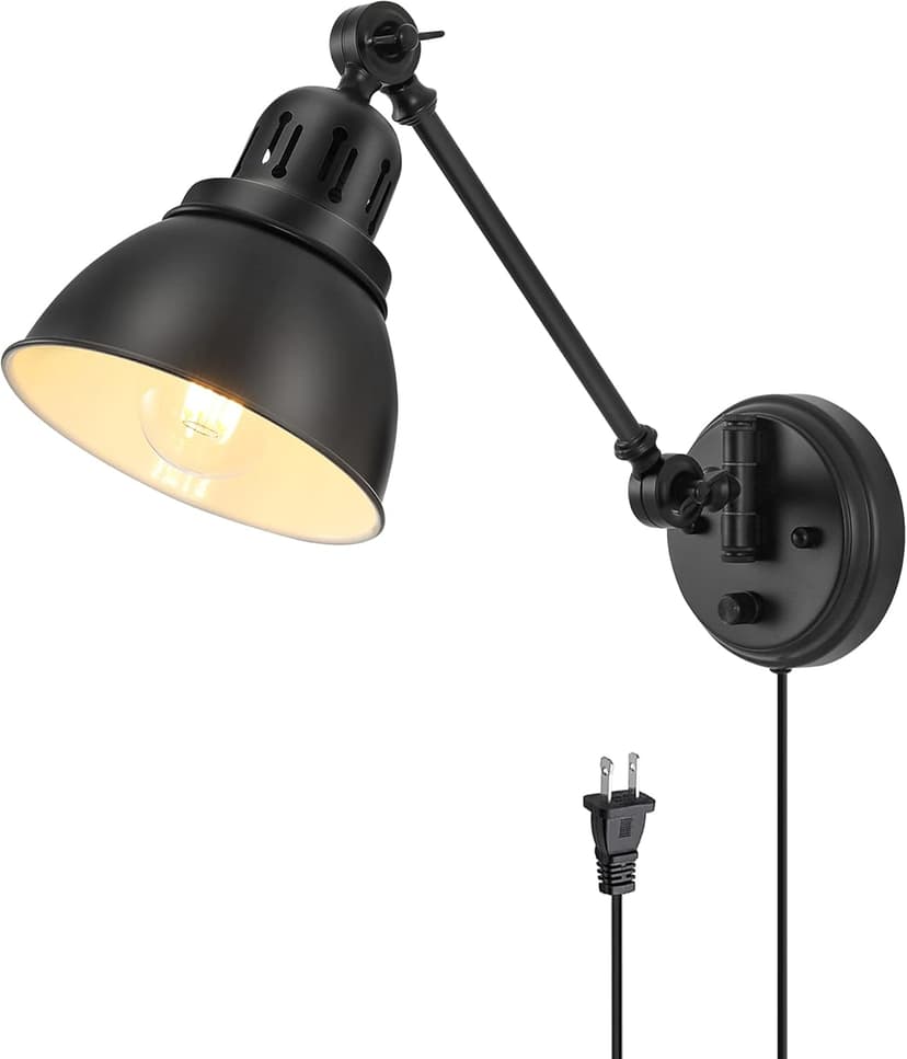 Plug in Wall Sconces, Wall Sconce Lighting with Dimmable On Off Switch, Swing Arm Wall Lamp, Black Metal Industrial Wall Light Fixtures, Safety E26 Base, 6FT Plug in Cord