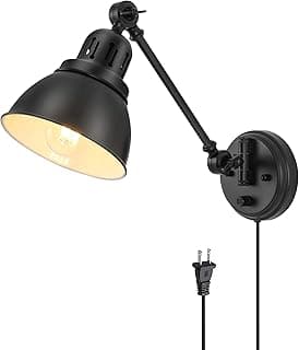 Plug in Wall Sconces, Wall Sconce Lighting with Dimmable On Off Switch, Swing Arm Wall Lamp, Black Metal Industrial Wall Light Fixtures, Safety E26 Base, 6FT Plug in Cord