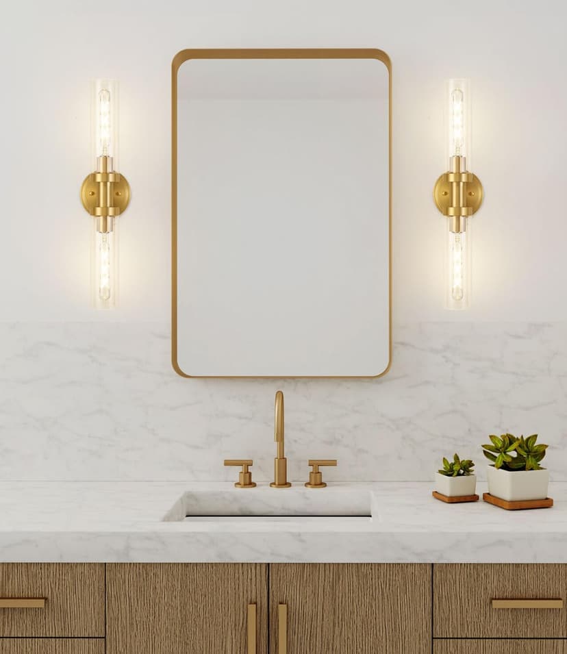Brushed Gold Bathroom Vanity Light Fixture, 2-Light Modern Wall Sconce Lighting W/Clear Glass, Brass Wall Mount Lamp for Mirror Hallway Kitchen Living Room, E26 T10 Bulbs(Excluded)