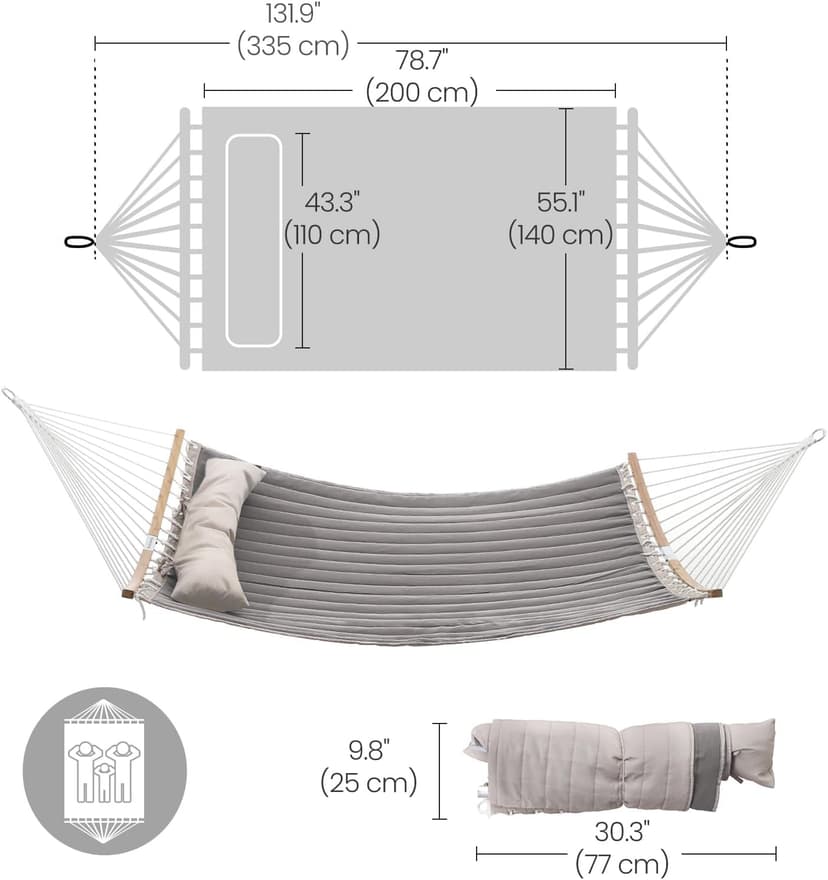 SONGMICS Hammock, Quilted Hammock with Curved Bamboo Spreaders, Pillow, 78.7 x 55.1 Inches, Portable Padded Hammock Holds up to 495 lb, Gray and Beige UGDC34CG