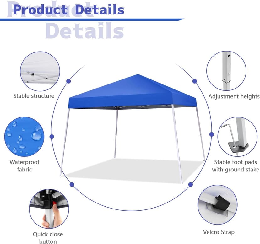Canopy Tent, 10X10 FT Pop Up Canopy Outdoor Instant Tent Slant Legs with Carrying Bag, Portable Gazebo Shelter for Patio Deck Garden and Beach - 8X8 FT Canopy Cover (Blue)