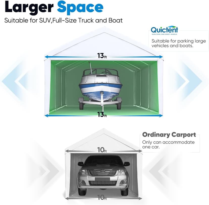 Quictent 13’x20’ Heavy Duty Carport Car Canopy Galvanized Car Boat Shelter with Removable Sidewalls, Reinforced Top Poles and Ground Bar-White