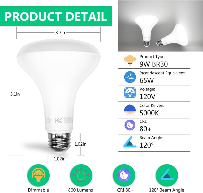 DAYBETTER BR30 LED Light Bulbs Indoor Flood Light, 5000K Daylight White LED Bulb 65W Equivalent, Dimmable, E26 Base, 800LM, Recessed Can Bulb for Living Room Bedroom Dining Room Bathroom, 12Pack