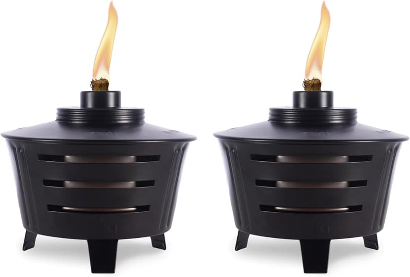 TIKI Mini Fire Pit Tabletop Torch 2-Pack, Outdoor Decorative TIKI Torch for Patio, Backyard, and Garden, Black Metal Tabletop Flame Torch, Includes Long Lasting Wick and Snuffer