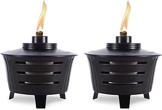 TIKI Mini Fire Pit Tabletop Torch 2-Pack, Outdoor Decorative TIKI Torch for Patio, Backyard, and Garden, Black Metal Tabletop Flame Torch, Includes Long Lasting Wick and Snuffer