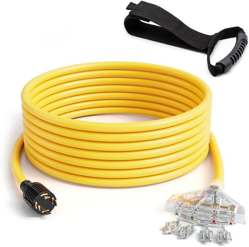 50Ft L14-30P to Four 5-20R, 4 Prong Generator Distribution Extension Power Cord, 30 Amp 125/250V 7500 Watts, 10 Gauge SJTW Cable… (50 FT)