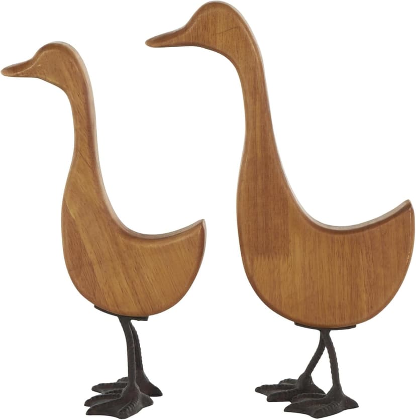Deco 79 Wood Duck Decorative Garden Sculpture Abstract Minimalistic Garden Statues with Black Metal Feet, Set of 2 Outdoor Sculptures 13", 12"H, Brown