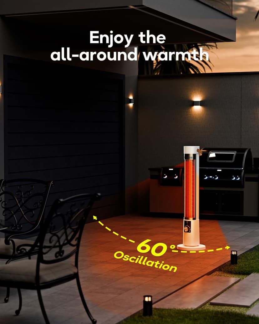 Patio Heater for Outdoor Use, Electric Space Heater Indoor, Portable Infrared Heater with 60-Degree Oscillation, Timer, Remote, for Patio, Gazebo, White