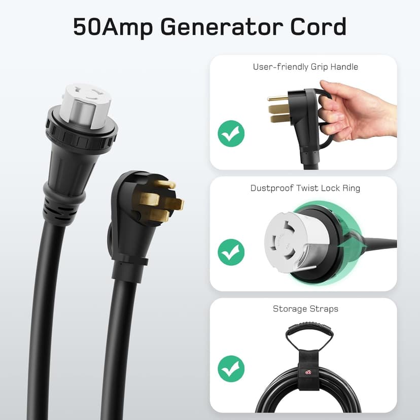 dé 50Amp Generator Cord, 10FT 50 Amp RV Extension Cord with Twist Lock, 4 Prong 50A Generator/RV Cable for 50A Inlet Box, NEMA 14-50P to SS2-50R, Heavy Duty 6/3+8/1 AWG STW Wire - ETL Listed