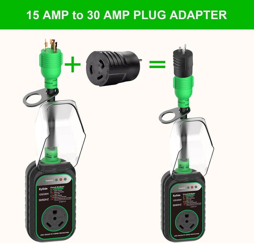 EyGde 15 Amp to 30 Amp RV Adapter with Surge Protector - Upgraded NEMA 5-15P Male to TT-30R Female Plug, 15A to 50A RV Circuit Analyzer Power Protection with Waterproof Cover for 30Amp Camper Trailer