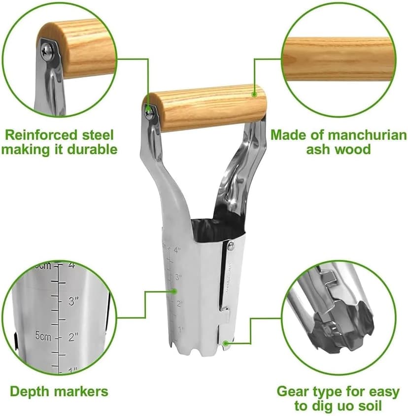 Bulb Planter Tool, 4 Inches Depth Mark Hand Bulb Planter, Non-Bending Stainless Steel Bulb Planter Digger, Garden Bulb Transplanter with Comfortable Grip Wooden Handle for Tulip and Daffodils