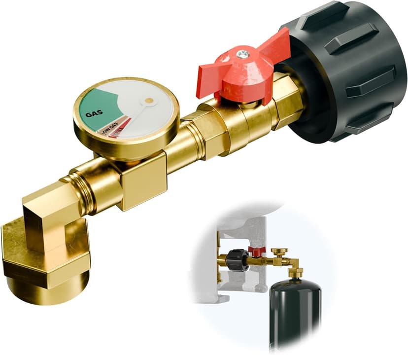 Propane Refill Adapter (Elbow) Design with Valve and Gauge, Upgraded Propane Refill Adapter 20lb to 1lb Converter, QCC1 Propane Tank Refill Adapter, with ON/Off Control