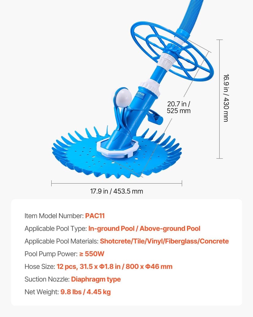 VEVOR Suction Pool Cleaner, Automatic Pool Vacuum Cleaner, Suction Side Automatic Pool Cleaner, Suction Vacuum Pool Sweeper with 12 Hoses, for In-ground Pool and Above-Ground Pool Up to 20 x 35 ft