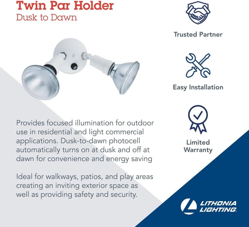 Lithonia Lighting Adjustable Dusk Dawn Security Light, Twin Par Outdoor Flood Light Holder, Photocell Sensor, 120 Volts, Uses 2 Lamps Up to 150W (Not Included), White (OFTH 300PR 120 P WH M12)
