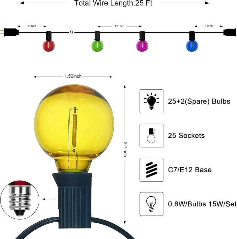 G40 LED Outdoor String Lights，25Ft Globe Multicolor Christmas Decorations String Lights with 27 Shatterproof LED Bulbs, Hanging Outdoor Patio Lights for Outside Backyard Porch Balcony Party- Black
