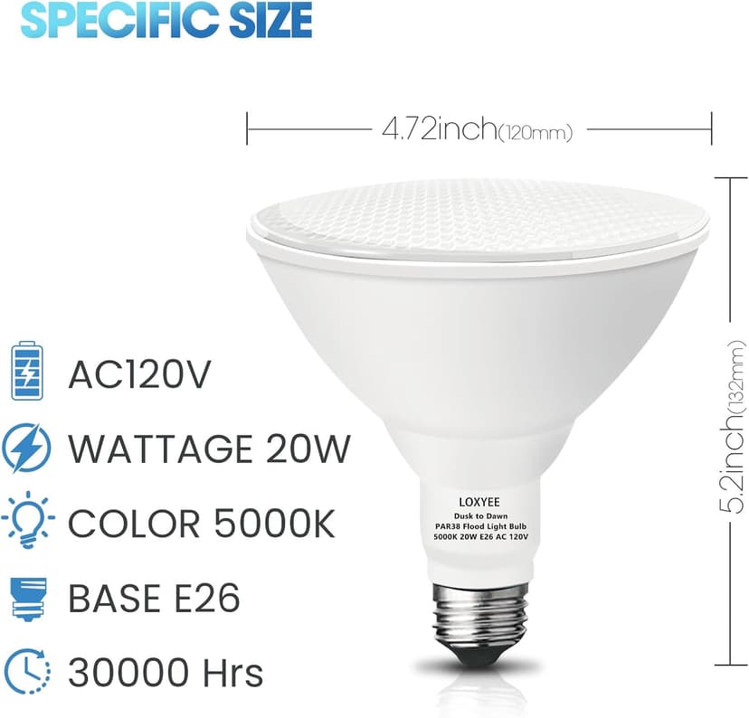 2 Pack LED PAR38 Dusk to Dawn Flood Light Bulbs Outdoor ，20W(200W Equivalent) E26 Base Flood Light Bulbs,5000K Daylight 1800 Lumens LED Flood Light for Outdoor Garden,Garage,Yards
