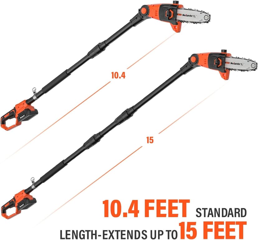 Pole Saw 8-Inch Cordless Pole Saws for Tree Trimming, 15-Feet MAX Reach Electric Pole Saw, 16ft/s Cutting Speed Auto Oiling Multi-Angle Pole Chainsaw with 2 x 20V 2.0Ah Battery & Charger
