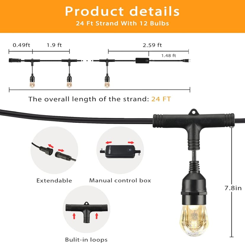 HVS Smart Outdoor String Lights LED 24Ft 12Bulbs Tunable Dimmable Warm White Waterproof Shatterproof Cafe Patio Lights,APP Control 2.4GHZ WiFi Alexa Google Balcony Backyard Porch(3 Core Wire, WW-24FT)