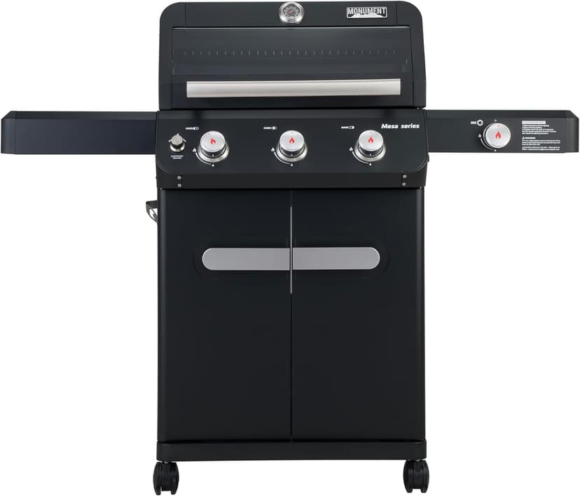 Monument Grills Outdoor Barbecue Stainless Steel 3 Burner Propane Gas Grill, 48,000 BTU Patio Garden Grill with Side Burner and Knob Controls, Mesa325, Black