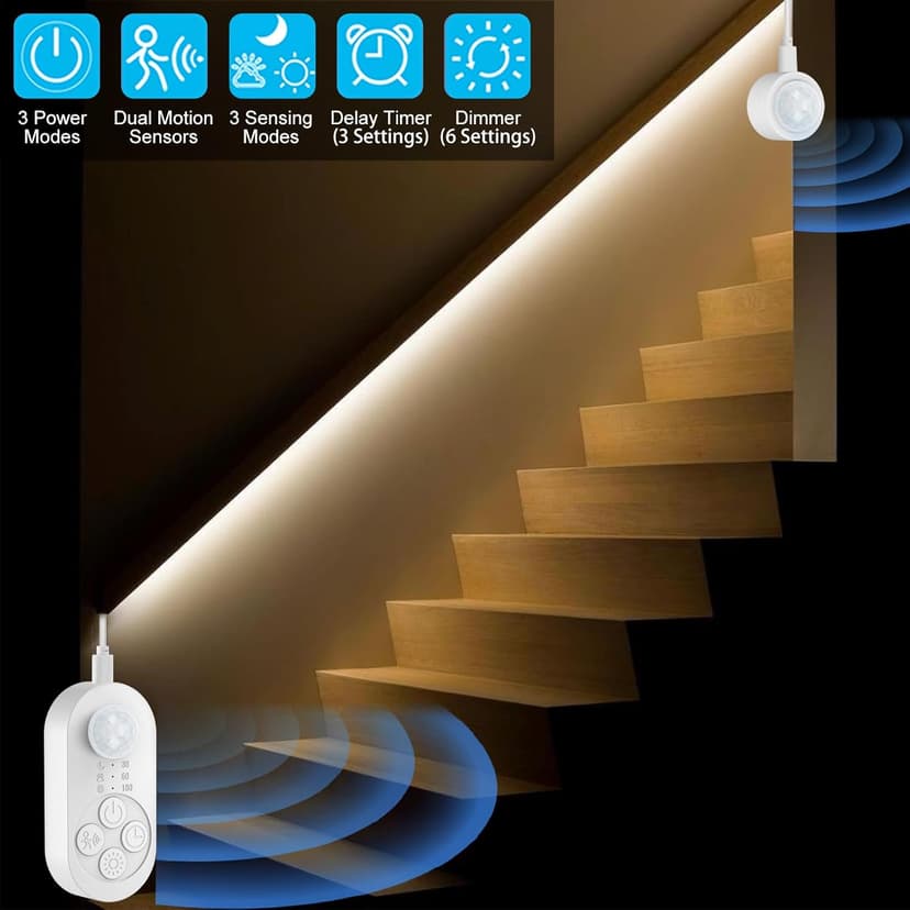 Dual Motion Sensor Light Indoor - Plug-in Motion Activated LED Stair Light Strip Step Light with Double Sensors, Dimmer And Timer for Stairway, Bedroom, Corridor (Warm White 3000K 16.4FT Light Strip)