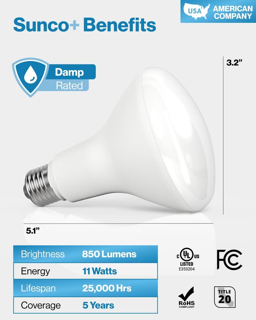 Sunco 12 Pack BR30 Light Bulbs LED, Recessed Can Light Bulbs, Indoor Flood Bulb, 850 LM, 11W (65W Equivalent), 5000K Daylight, Dimmable, E26 Base, for Home, Kitchen, Bedroom UL.