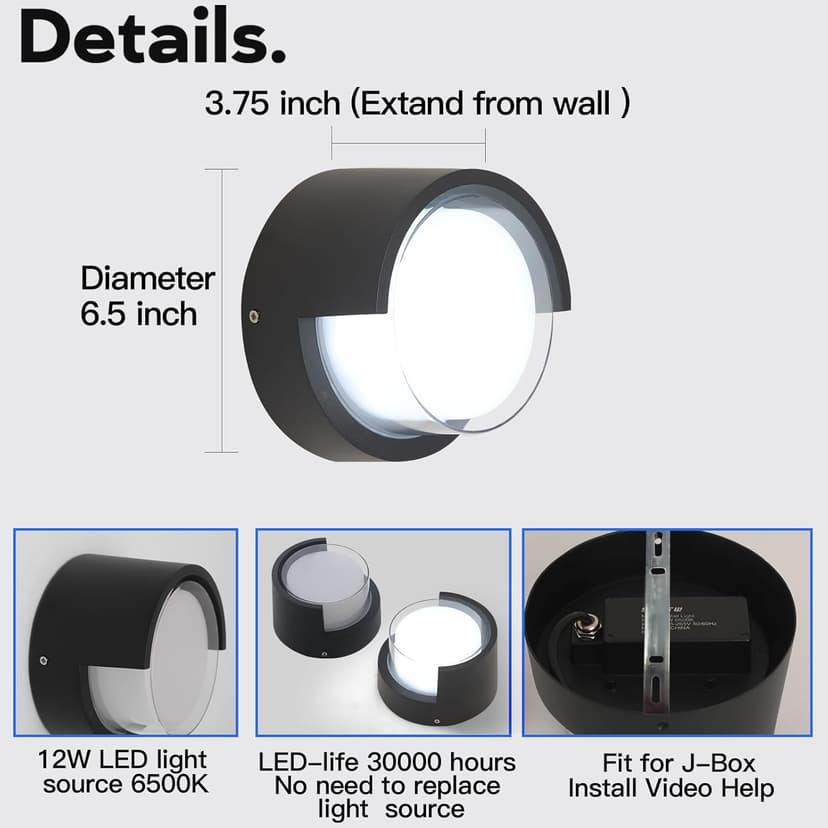 Modern Outdoor Wall Light - Waterproof Round Wall Mount Lamp for Garden/Patio - 6500K Cold Light
