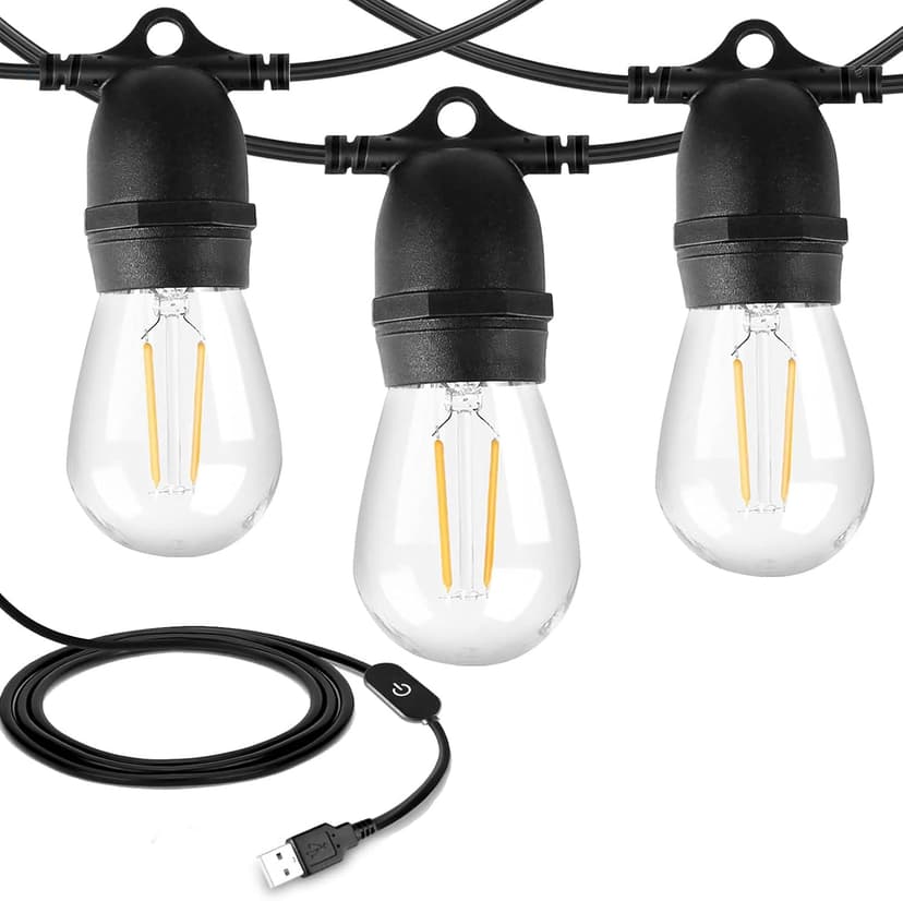 24.6Ft USB Powered Outdoor String Lights with 10 pcs Waterproof & Shatterproof S14 LED Bulbs, Lightweight Dimmable Garden Festoon String Lights for Camping BBQ Christmas Party