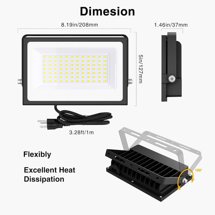 Onforu 60W Flood Lights Outdoor, 8400lm Bright LED Work Light with Plug, 6500K Daylight White LED Flood Lighting, IP66 Waterproof Security Yard Lights for Garage Stadium 2 Pack