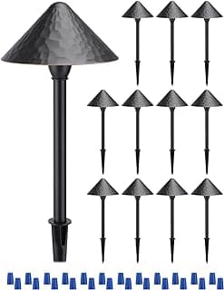 LEONLITE 12-Pack Low Voltage Pathway Lights, 3W 12-24V AC/DC CRI90+ Low Profile LED Landscape Path Lights, Cone Head with Vintage Texture & Vintage Golden Edge, IP65 Waterproof, Black Aluminum Housing
