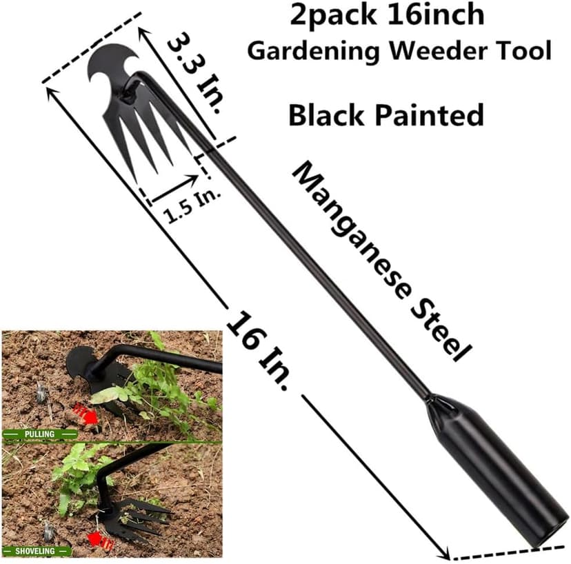 Aimery Weed Puller Tool Garden Weed Pulling Tool,Portable Uprooting Weeding Tool,4 Teeth Manganese Steel Forged Hand Weeder for Vegetable Gardening（2pack 16in.）