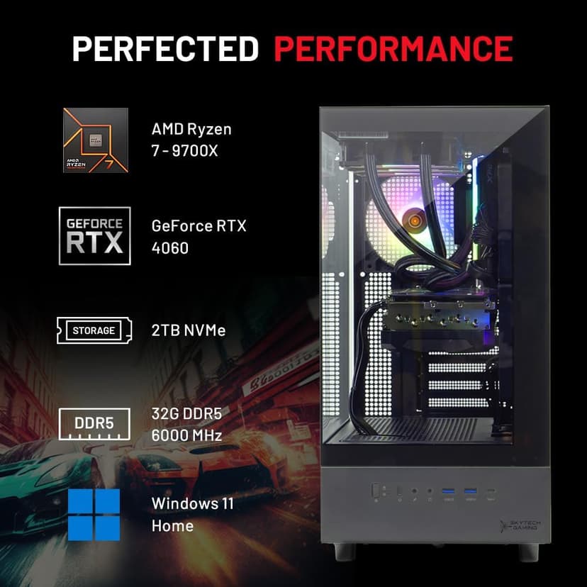 Skytech Azure Gaming PC Desktop, Ryzen 7 9700X 3.8 GHz (5.5GHz Turbo Boost), NVIDIA RTX 4060 8GB GDDR6, 2TB SSD, 32GB DDR5 RAM 6000 RGB, 650W Gold PSU, 360mm ARGB AIO, Wi-Fi, Win 11 Home